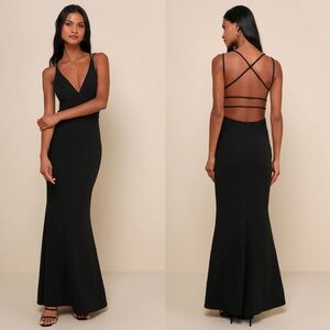 NWT Lulu’s All This Allure Black Strappy Backless Mermaid Maxi Dress Medium Chic